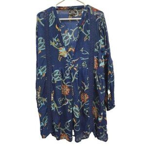 Ananda's Collection Womens BOHO Mini Dress Large Blue Floral Long Sleeve Casual
